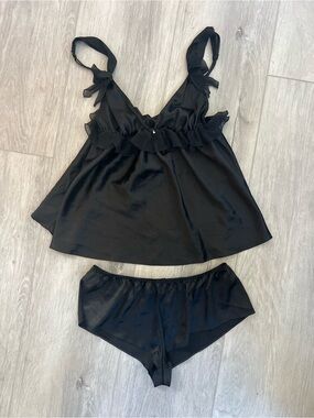 Victoria Secret Black Satin Ruffle Tie-Shoulder Cami & Short Sleep Set